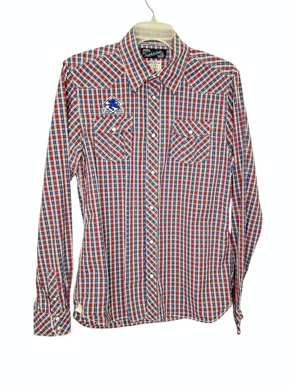 Scotch & Soda Mens Red White Blue Western Snap Up Shirt Scotch Devils Patch LG